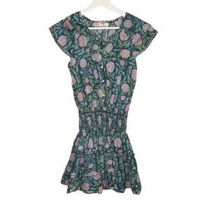 Perry Walker Virginia Floral Flutter Sleeve Smocked Mini Blouson Dress Green 1/S